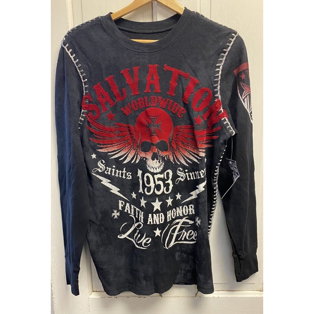 NWT Raw State Long Sleeve Waffle Knit Graphic Shirt Black Red Size Small
